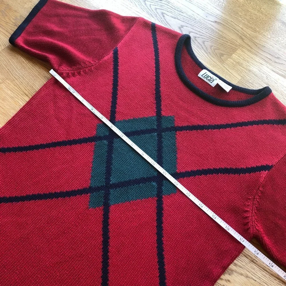 Vintage Lucia Red Argyle 2 Piece Set Top Full Zip Cardigan Medium